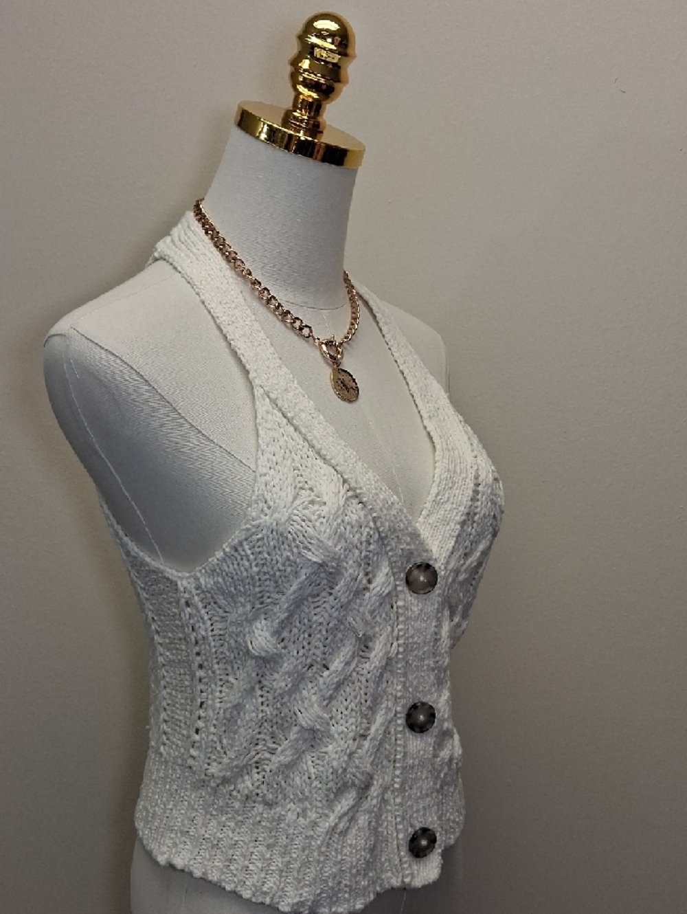 White Open Knit Button Front Sweater Vest Crochet Cottagecore Size XSP - Picture 5 of 10